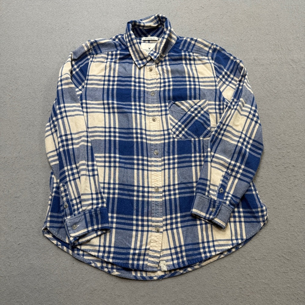 American Eagle Flannel Shirt Women's Large Blue Plaid Boyfriend Fit Button Up